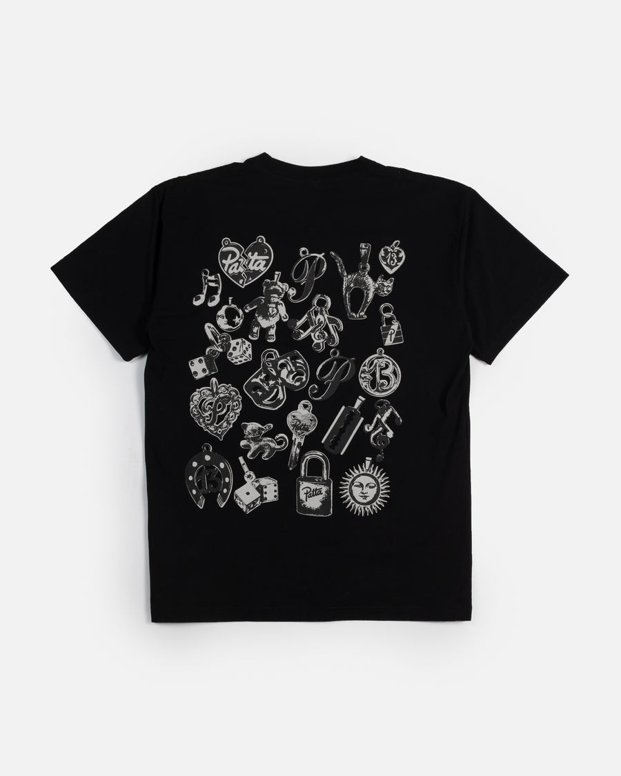 Back view of the Patta Charm T-Shirt in black featuring a silkscreen charms graphic print.