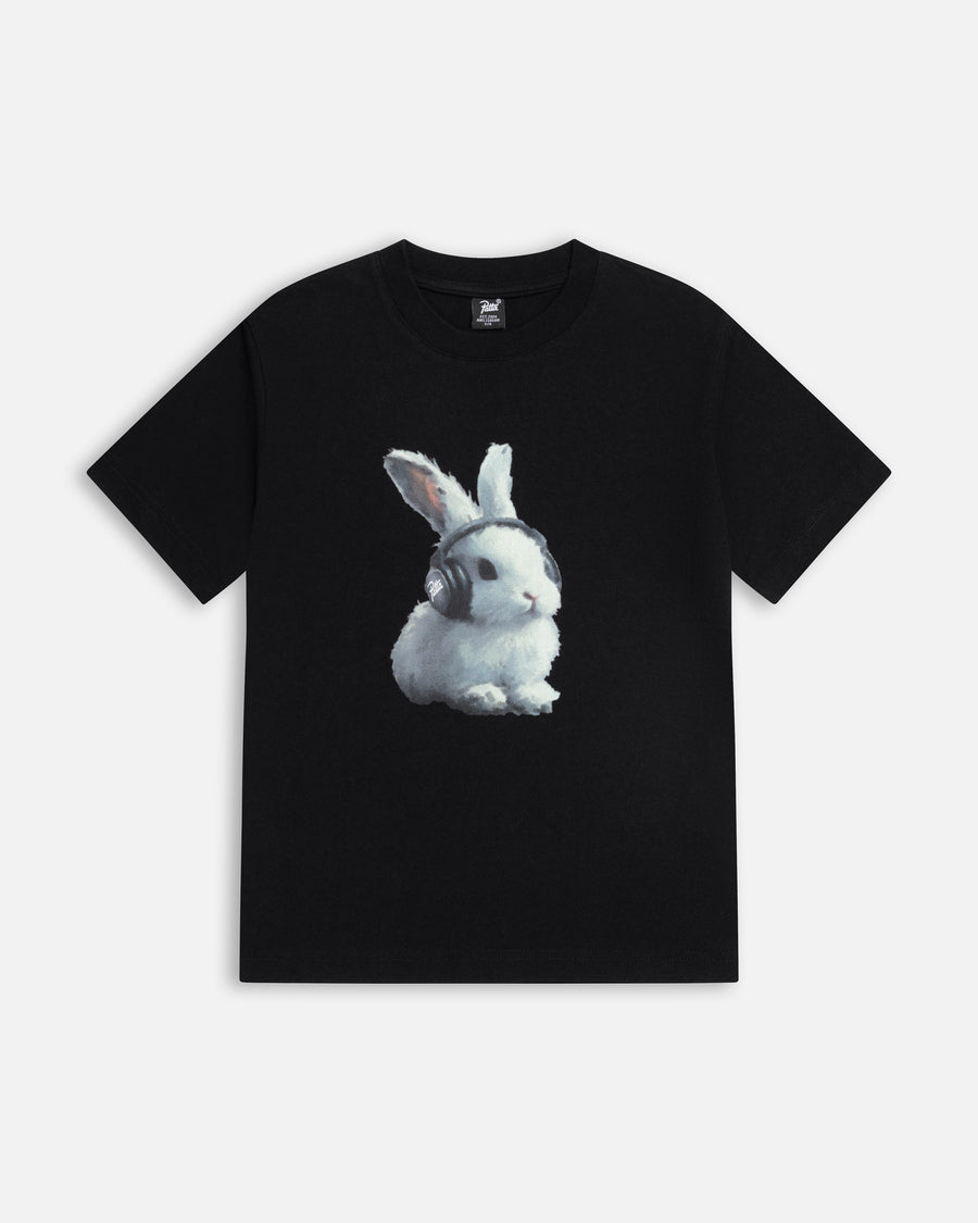 Black Patta Kids Bunny T-Shirt featuring a photo print graphic of a white bunny wearing headphones.