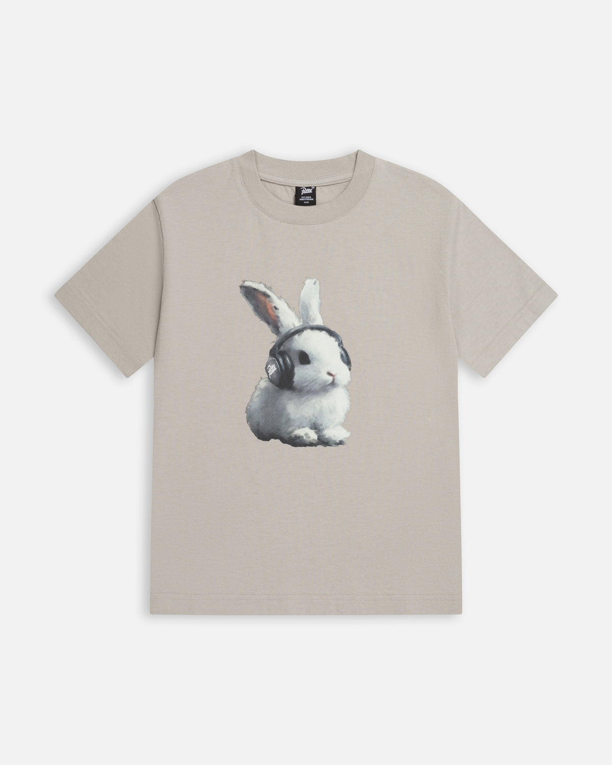 Patta Kids Bunny T-Shirt in Flint Gray featuring a graphic print of a bunny wearing headphones.