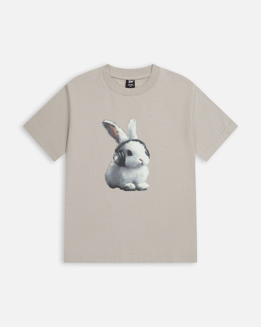 Patta Kids Bunny T-Shirt in Flint Gray featuring a graphic print of a bunny wearing headphones.