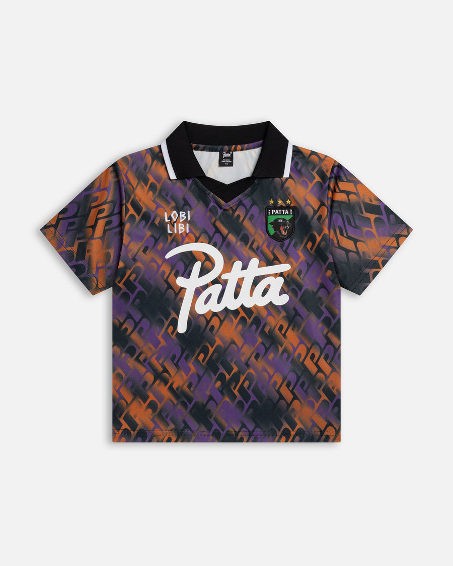 Patta Kids All Over P Football Jersey in pansy and orange with printed script logo, laid flat front view.