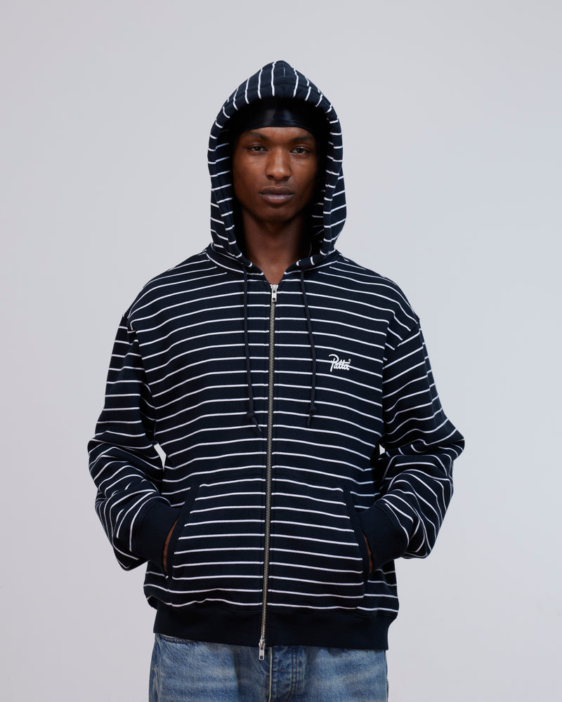 Patta Striped Zip Up Hooded Sweater (Black Iris)