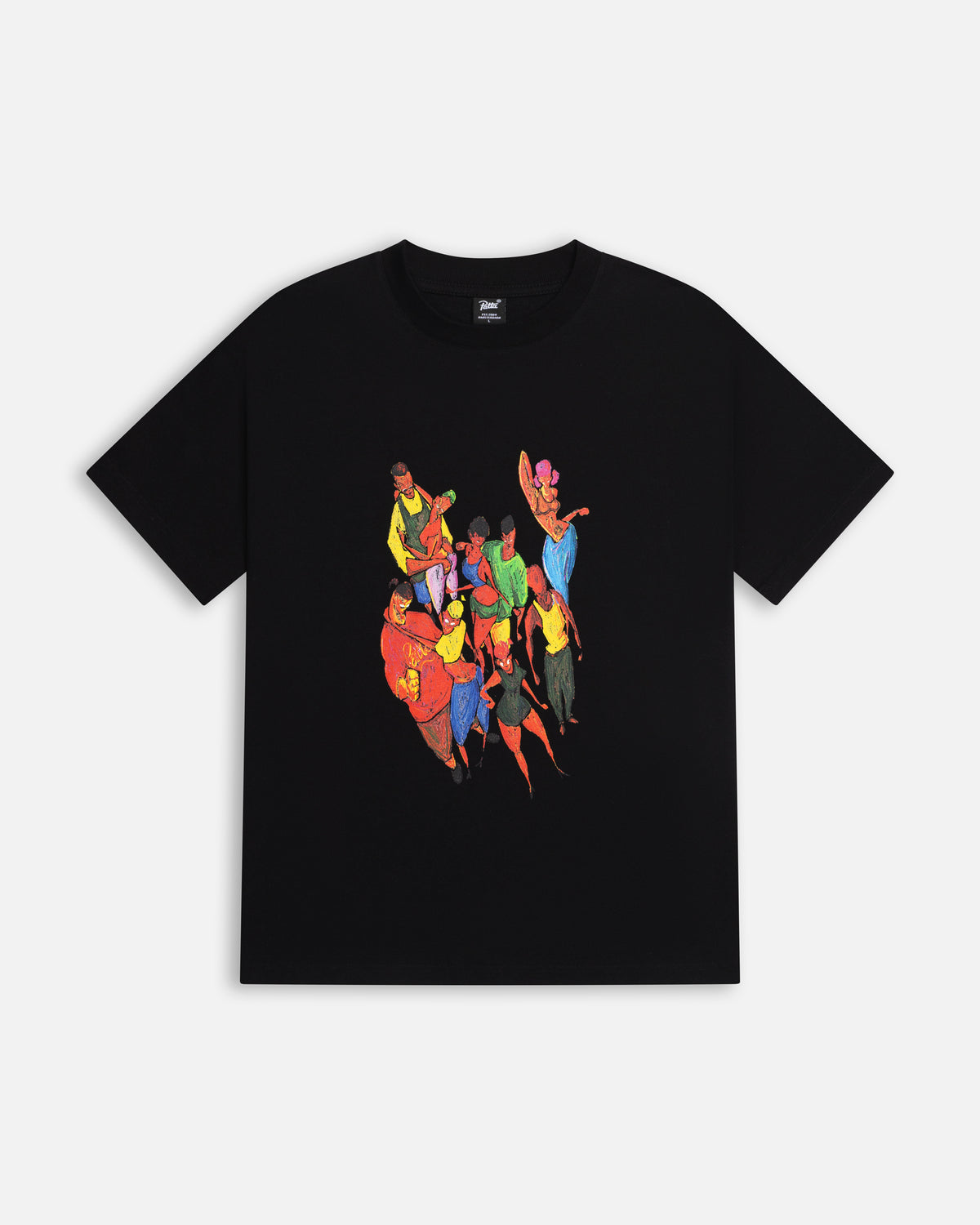 Front view of the black Patta Carnival T-Shirt featuring a colorful illustrated graphic.